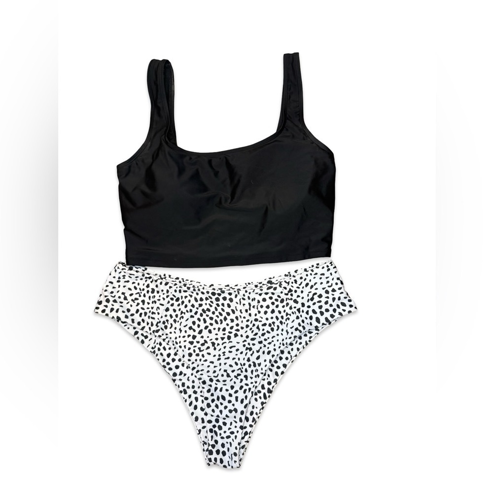 Black Crop Tank Top & White Dalmatian Print High-Waist Bikini Bottoms